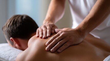 Fototapeta premium A massage therapist is applying elbow pressure for deep tissue relief on a client s back in a tranquil wellness spa