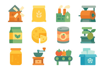 Colorful flat icons representing agriculture and food processing industries
