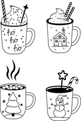 Christmas set of hot drinks in beautiful mugs. A hand-drawn Christmas sketch. Festive cocoa with marshmallows, a cup of hot chocolate or winter coffee. Vector illustration.