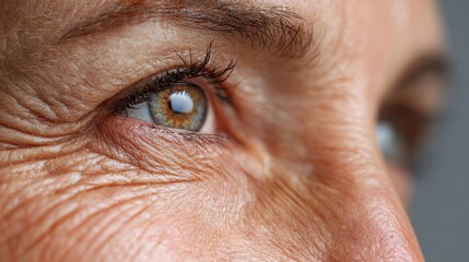 Detailed view of an older woman s eye turned sideways emphasizing patient care eye wrinkles eyelids vision assessment hyperopia treatment health sciences