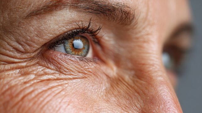Detailed view of an older woman s eye turned sideways emphasizing patient care eye wrinkles eyelids vision assessment hyperopia treatment health sciences - Powered by Adobe