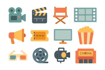 Flat style cinema icons set featuring camera, popcorn, and projector elements