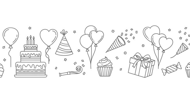 Festive birthday celebration seamless pattern with balloons, cake, gift, cupcakes, and party hats, perfect for invitations and decorations