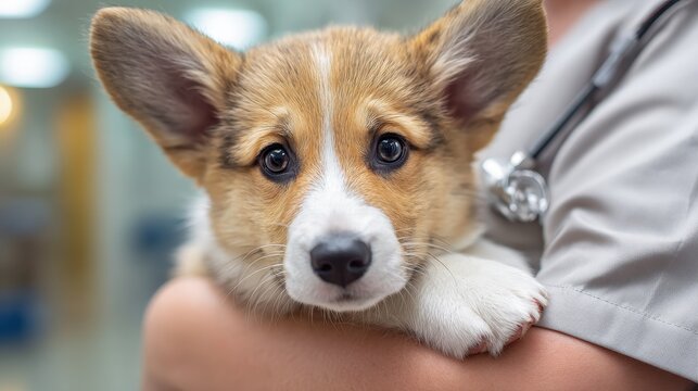 Adorable corgi gazing at the camera in its owner s arms at the veterinary clinic with a blurred background and space for text Pet wellness theme - Powered by Adobe