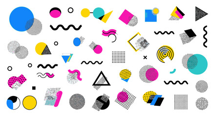 Mega set of colorful abstract geometric shapes and patterns in a retro 80s and 90s style. A collection of fun design elements for backgrounds