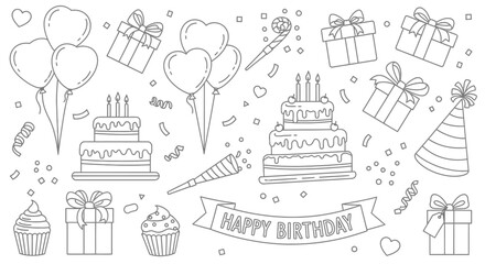Celebratory Birthday Illustration with Cakes, Presents, and Balloons