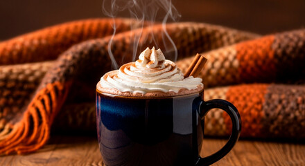 Cozy vibes with a steaming mug of indulgent hot chocolate, topped with a mountain of whipped cream and a cinnamon stick! Pure bliss.