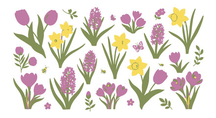 A vibrant collection of illustrated spring garden flowers. Set of isolated tulips, daffodils, hyacinths, and crocuses for seasonal design concepts