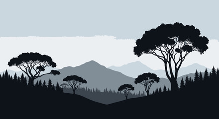 Monochrome Savanna Landscape Illustration with Stylized Acacia Trees and Rolling Mountains, Evoking Tranquility and Untamed Wilderness Scenery at Twilight