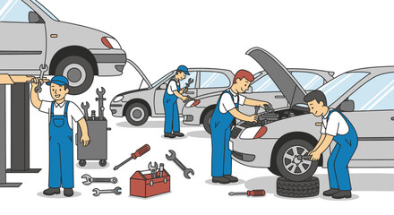 Mechanics repairing cars in a garage, using various tools in a professional automotive service