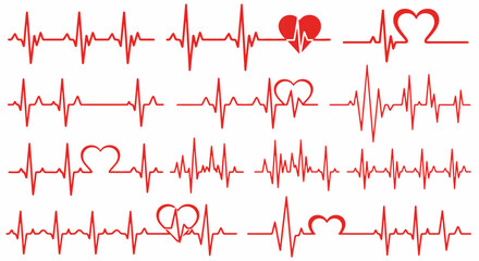 Collection of EKG electrocardiogram heart rhythm lines, representing health, cardiology, and life