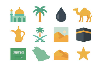 Middle eastern icons set: mosque, camel, palm tree, oil drop, and more