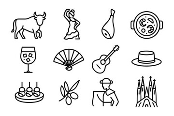 Icon set showcasing spanish culture with flamenco, cuisine, and architecture