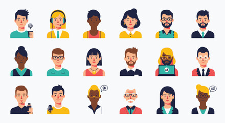 Collection of modern flat design avatar icons showcasing a diverse group of professional and casual individuals from various backgrounds, perfect for user profiles and team directories