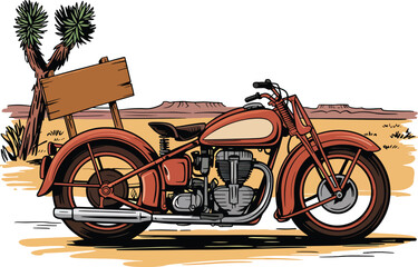 Vintage Hand-Drawn Illustration of Old Motorcycle Parked Near Desert Road, Minimalist Retro Poster Style, Clean Ink Line Art, Isolated on White Background