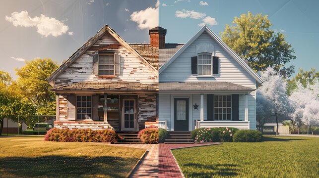 Split photo showing suburban house renovation before and after exterior transformation from weathered wood to modern home