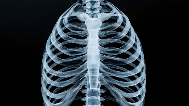 Anatomical x ray of the human thoracic cage showing ribs and sternum on a black background