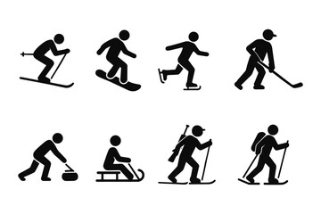 Winter sports silhouettes: skiing, snowboarding, skating, hockey and more activities
