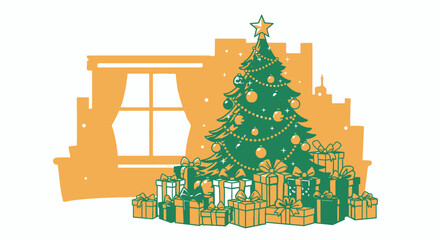 Vector illustration of a decorated Christmas tree with a large pile of presents in a city apartment with snow falling outside the window