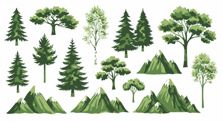 Vector illustration of diverse trees and mountains for nature-themed design elements