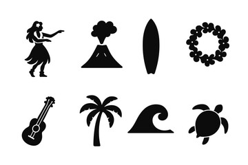 Hawaiian silhouettes: hula dancer, volcano, surfboard, palm tree, and more icons