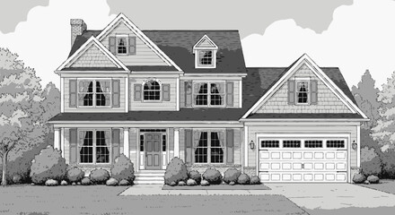 Classic American suburban two-story house with a front porch and attached garage, presented as a black and white architectural line art illustration