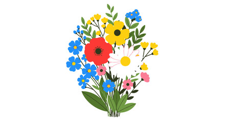 A charming vector illustration of a colorful wildflower bouquet, featuring a beautiful arrangement of summer and spring blossoms isolated on a white background