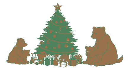 Adorable bear family with a cub opening gifts under a star-topped Christmas tree