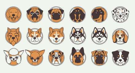 Collection of Round Dog Head Icons in Flat Design