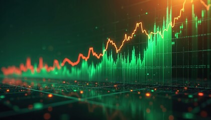 Stock market chart with green columns shows positive trend. Orange line moving upward over graph. Investment concept indicates business growth in financial trading and global economy.