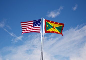 flags of Grenada and United States of America over blue sky background.