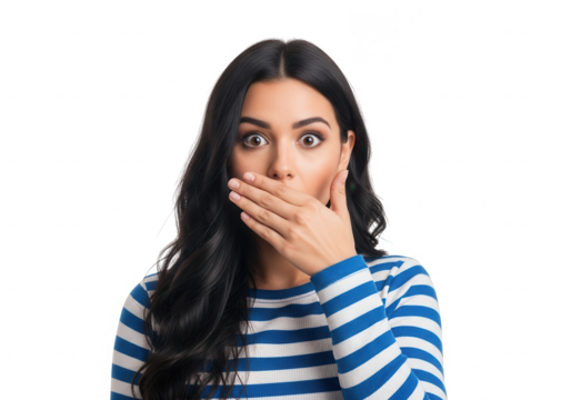 Young woman dark hair covering her mouth in surprise isolated on transparent background