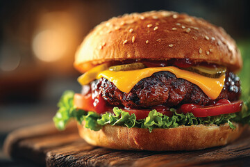 Classic American Beef Hamburger on Rustic Wooden Table, Food Photography