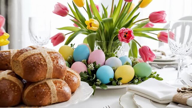 A lovely table setting showcases soft tulips and vibrant easter eggs alongside freshly baked bread rolls.