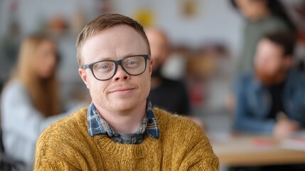 Man with Down syndrome participating in community education class promoting inclusivity for individuals with disabilities