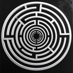Circular maze design in white against a contrasting black background