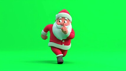 A cartoon santa claus character running with a finger to his lips, asking for silence on a green screen background