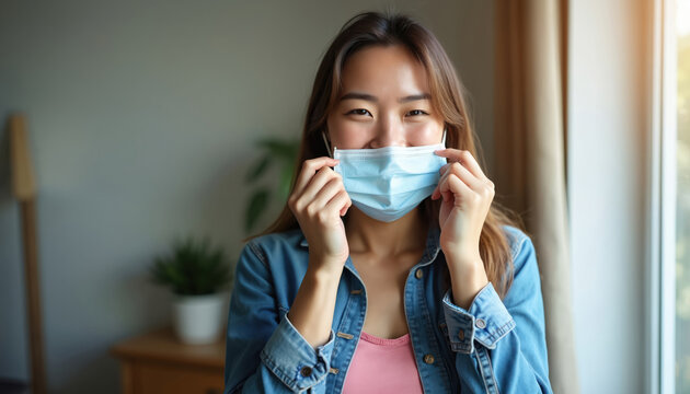 Young woman removes face mask indoor. Female shows optimistic expression after pandemic ends. Happy girl is smiling. Portrait of face without protection from virus. End of quarantine restrictions.