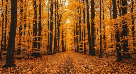Golden autumn forest path with vibrant orange leaves and tall trees