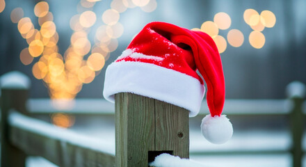 Festive Santa hat perched on a snowy wooden fence post with bokeh lights in the background, a charming holiday scene filled with cheer.