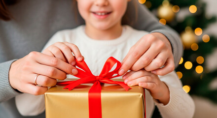 A girl and an adult work together to tie a bright red ribbon on a golden gift, celebrating togetherness and the spirit of giving.