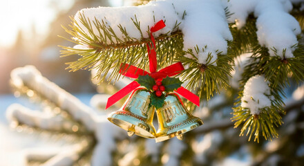 Golden holiday bells hang on a snow-covered evergreen branch, adorned with red ribbons and holly, in a winter scene.