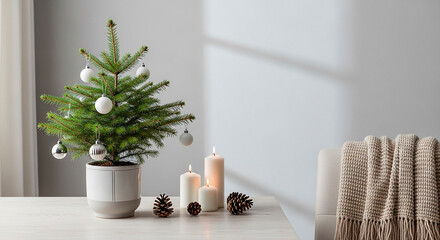 A miniature Christmas tree in a pot is ornamented with metallic baubles, illuminated candles, and pine cones on a table near a throw.