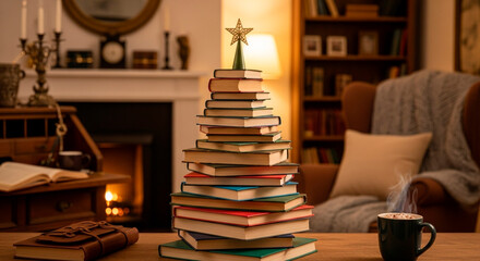 Literary Cheer: Books stacked as a tree, topped with a star. A cup of coffee sits near, inviting warmth and intellectual celebration.