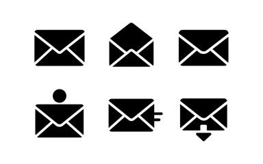 Email icon set: minimalist black envelope designs for communication and messaging