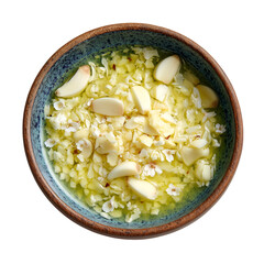 Bowl of chopped garlic and honey mixture, natural antibiotic remedy against transparent background