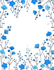 Delicate blue floral branches creating a frame on white background