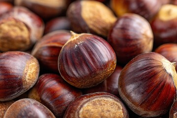 Obraz premium Freshly harvested chestnuts displayed in a close-up view, showcasing their glossy brown texture and rich colors