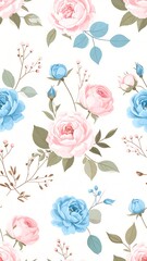 Delicate floral pattern featuring pink and blue roses with green leaves