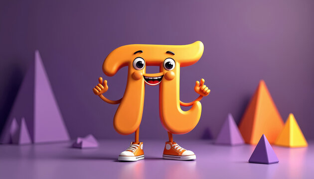 Cheerful orange Pi symbol character friendly math mascot. Cute cartoon with funny face smiles, shows thumbs up on purple background. Playful 3D letter with geometric shapes for kids science